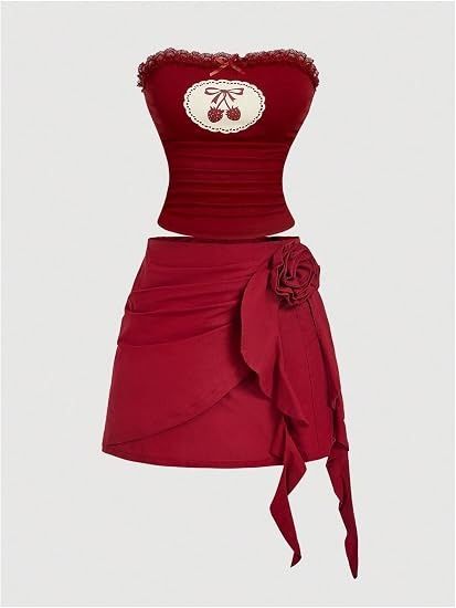 Red Halter Top And Red Mini Skirt With Floral Detail image 2